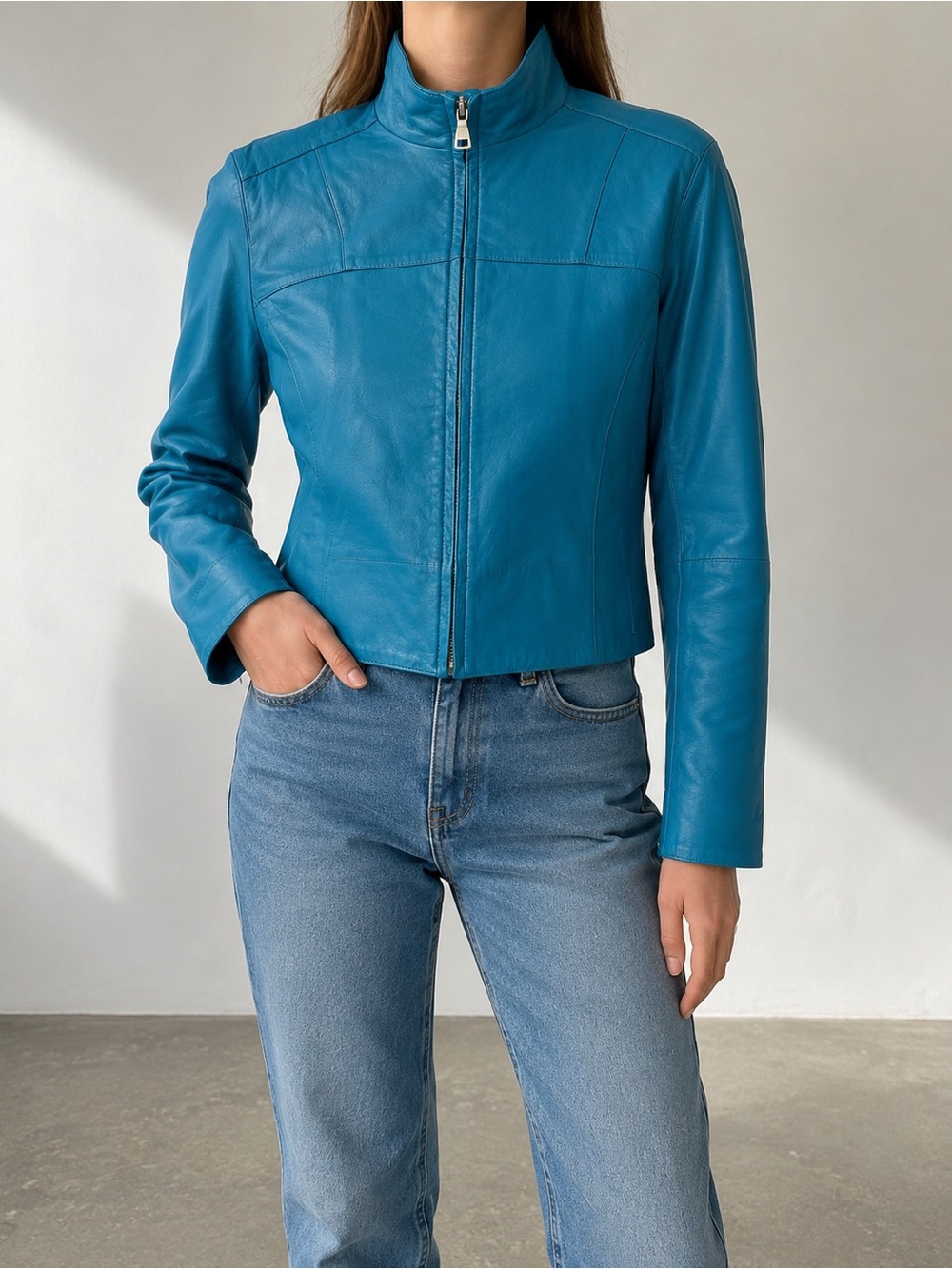 Andrew Marc New York Teal Blue Genuine Leather Jacket Size Small Moto Zip Jacket